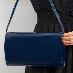 Navy blue lacquered eco-leather clutch bag