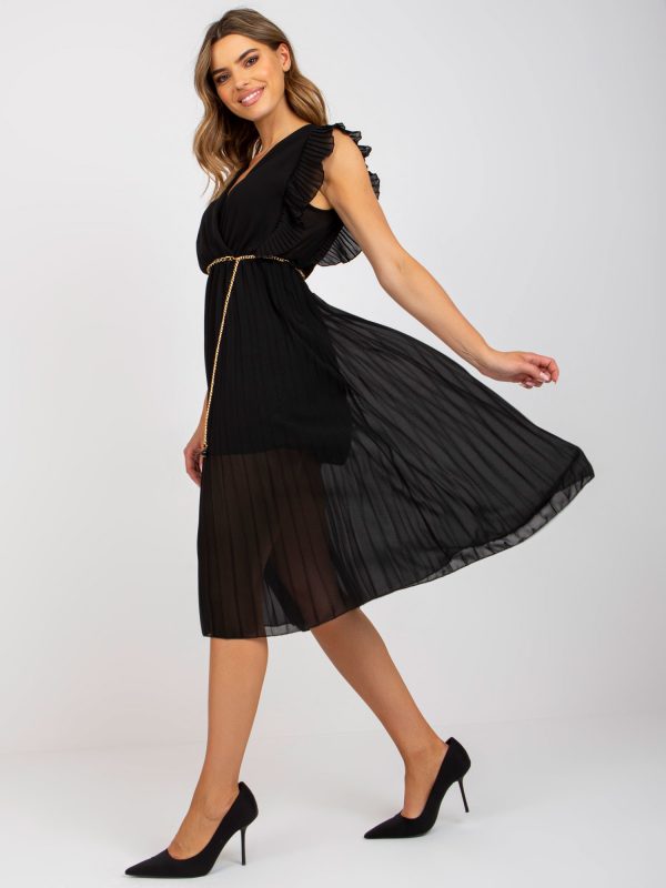 Black Pleated Midi Dress with Wrap Neckline