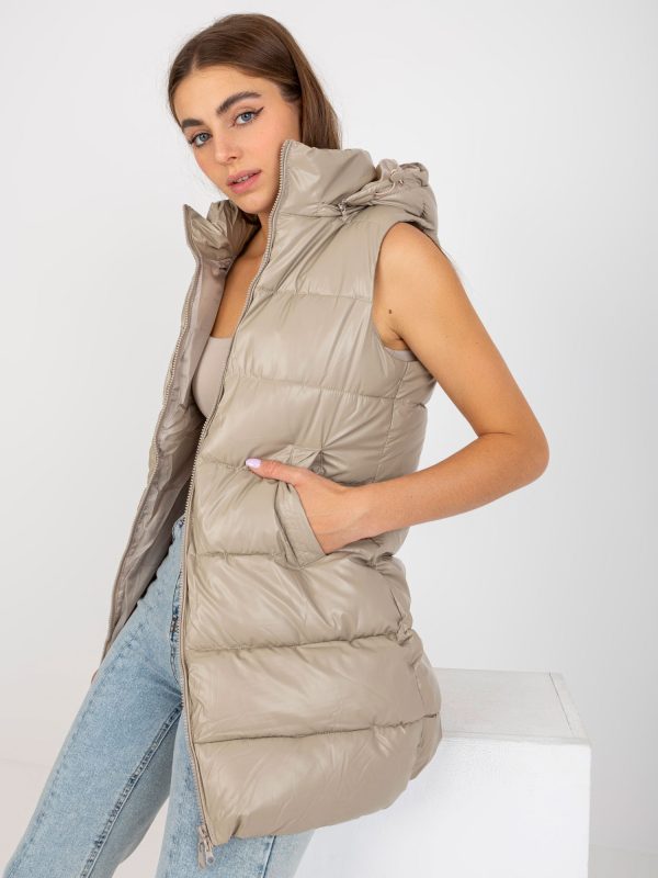 Wholesale Dark beige lacquered down vest with hood