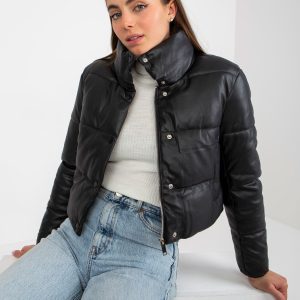 Wholesale Black short down jacket in eco-leather with quilting