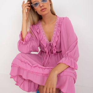 Wholesale Pink boho dress with ruffle mini length Winona OCH BELLA