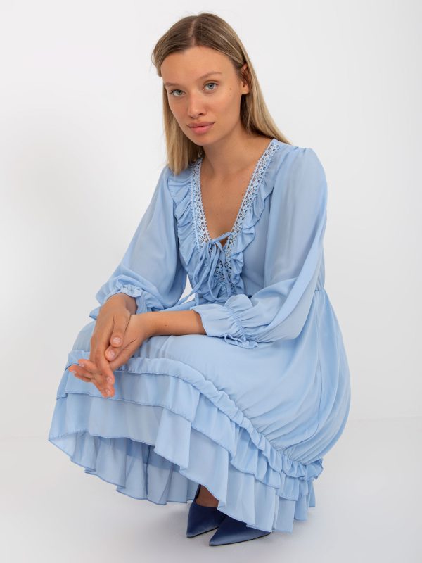 Wholesale Light blue mini dress with flounce in boho style OCH BELLA