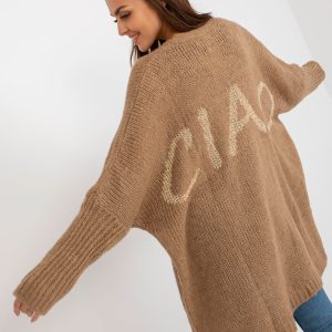 Wholesale Dark beige knitted cardigan with inscription on the back OCH BELLA