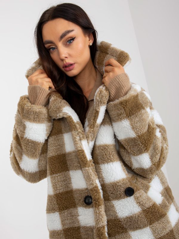 Wholesale Beige and White Women's Plaid Fur Coat