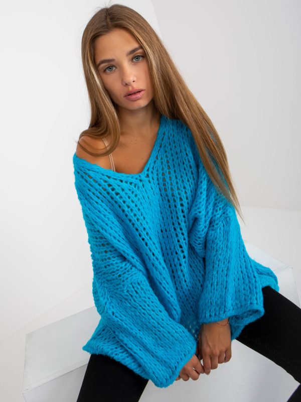 Wholesale Blue oversized sweater with wide sleeves OCH BELLA