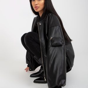 Wholesale Black bomber jacket made of eco leather with pockets