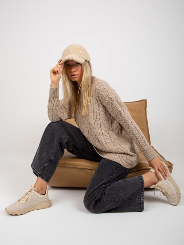 Wholesale Beige loose sweater with braids and long sleeves RUE PARIS