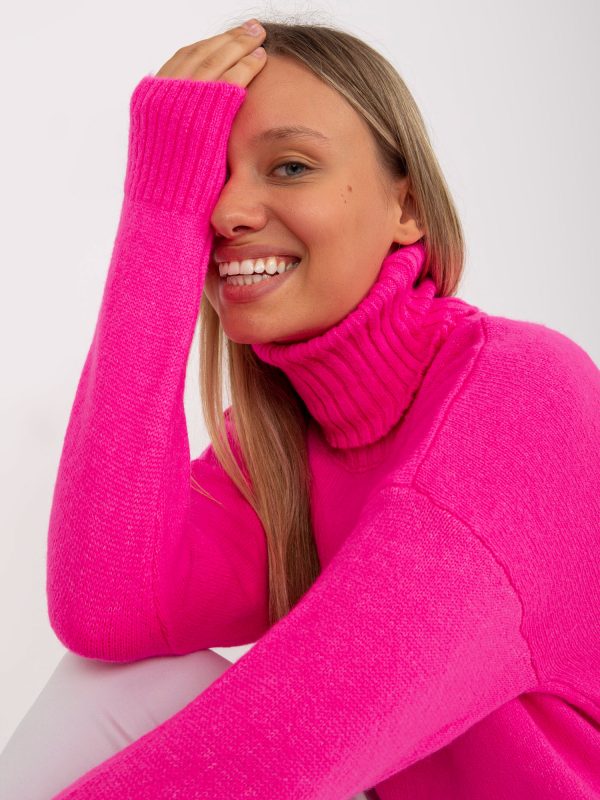 Wholesale Fluo Pink Plain Turtleneck Sweater Casual RUE PARIS