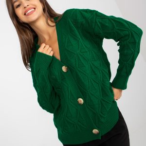 Wholesale Dark green openwork cardigan with V neckline RUE PARIS