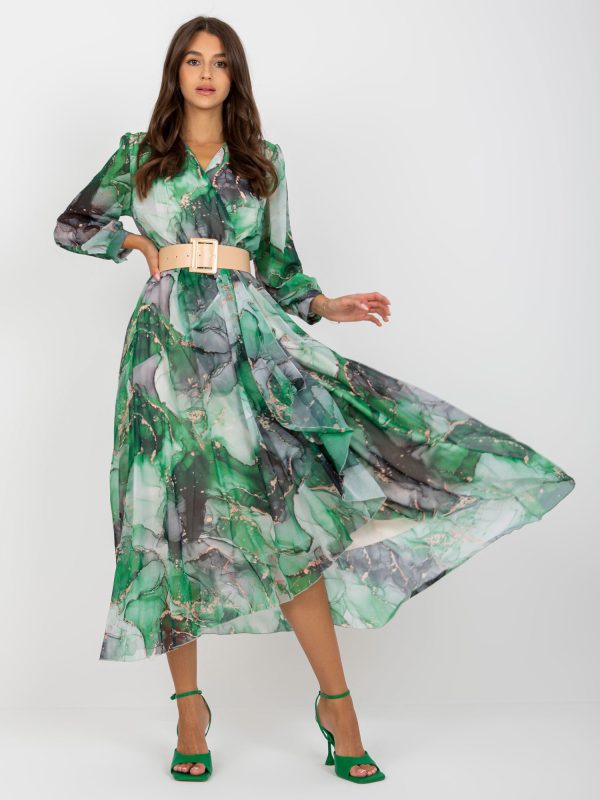 Wholesale Green and Black Wrap Midi Dress with Janesville Prints