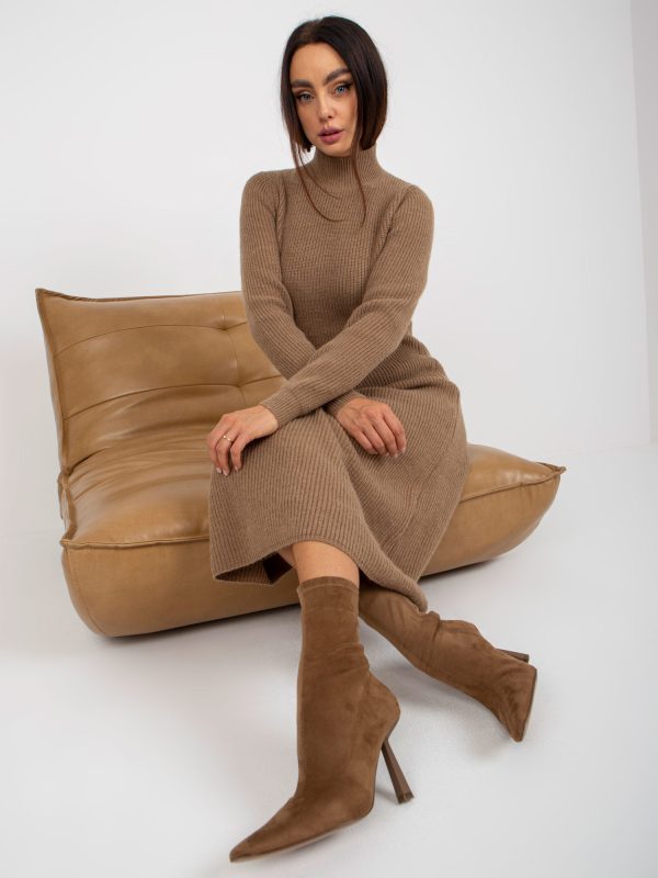 Wholesale Dark Beige Midi Knitted Turtleneck Dress