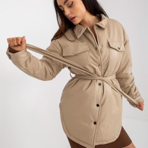 Wholesale Beige down jacket made of eco-leather with binding