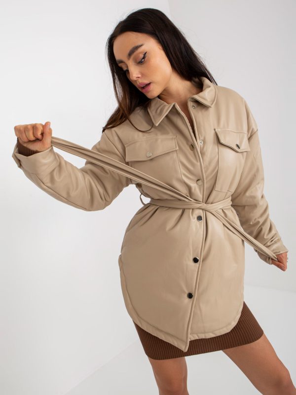 Wholesale Beige down jacket made of eco-leather with binding