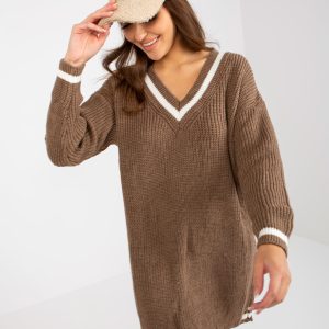 Wholesale Brown Loose V Neck Knitted Dress RUE PARIS