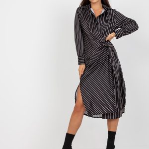 Wholesale Black Imitation Satin Striped Midi Shirt Dress