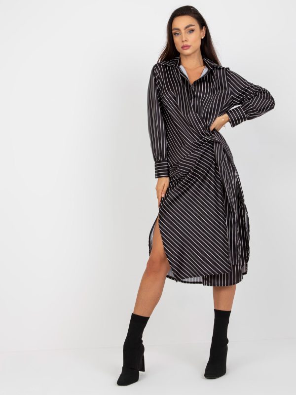 Wholesale Black Imitation Satin Striped Midi Shirt Dress