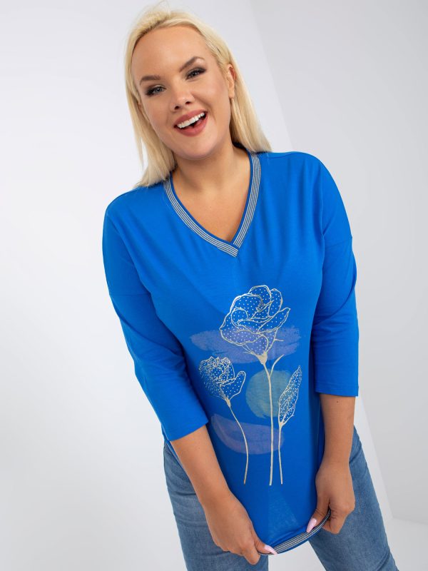 Wholesale Dark Blue Women's Plus Size Blouse with Applique with Rhinestones