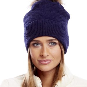 Wholesale Navy blue hat with wide rib and fur pompom