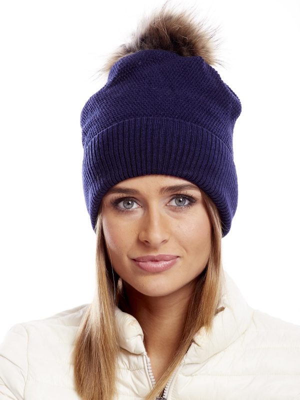 Wholesale Navy blue hat with wide rib and fur pompom