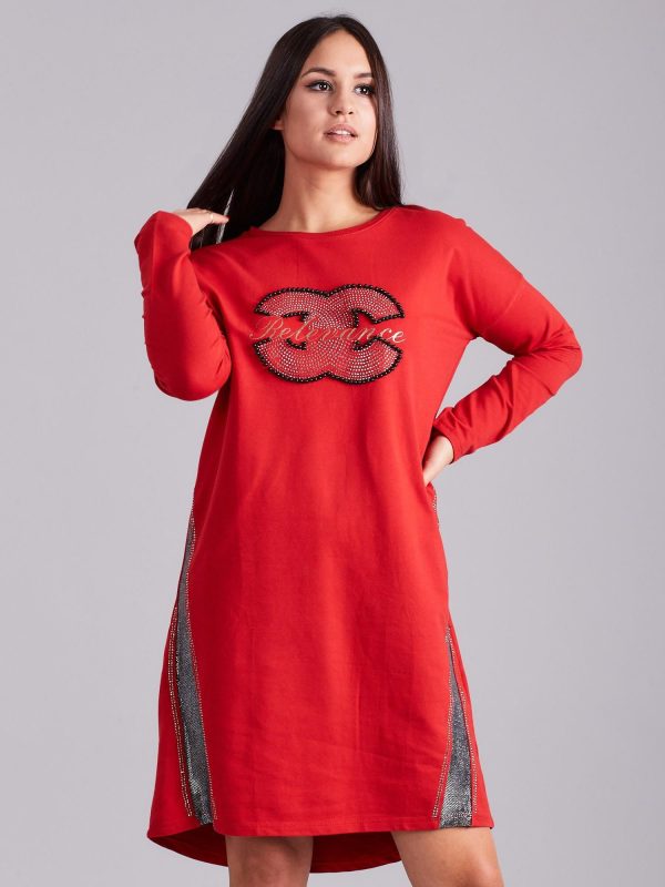 Wholesale Red sweatshirt dress with rhinestones