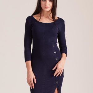 Wholesale Navy blue ribbed dress with slit