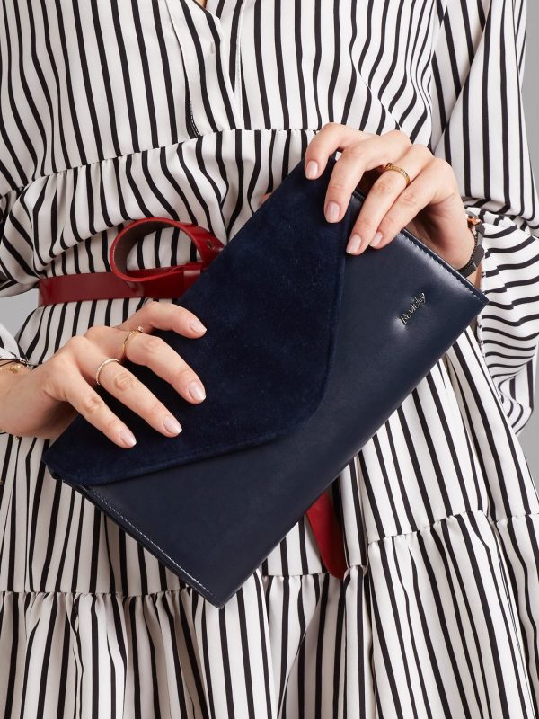 Wholesale Navy blue clutch bag with suede flip