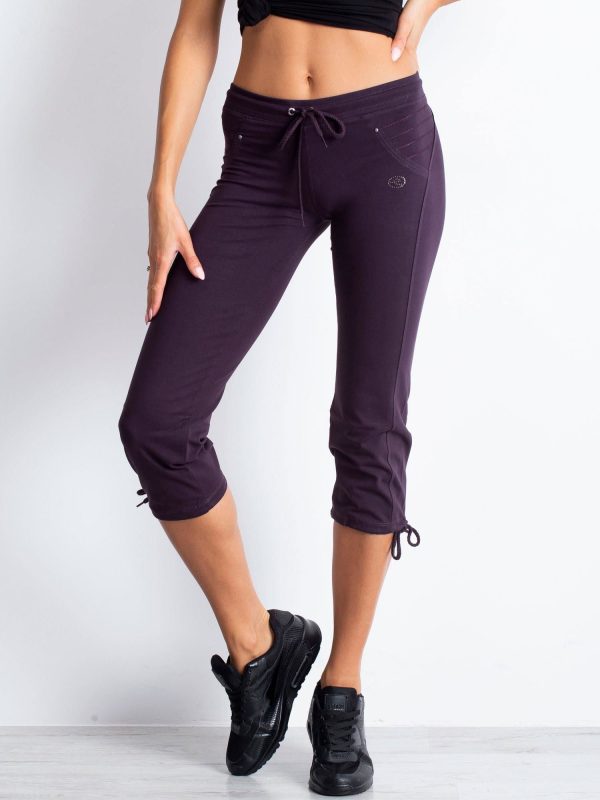 Wholesale Dark purple capri sweatpants with rhinestones