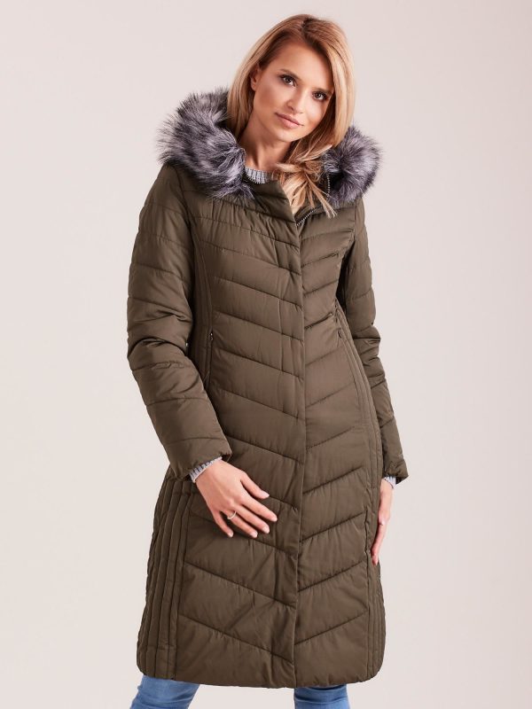 Wholesale Khaki Hooded Long Winter Jacket