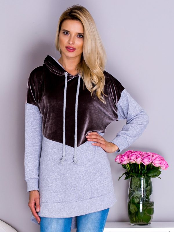 Wholesale Hooded sweatshirt with velour gray-brown