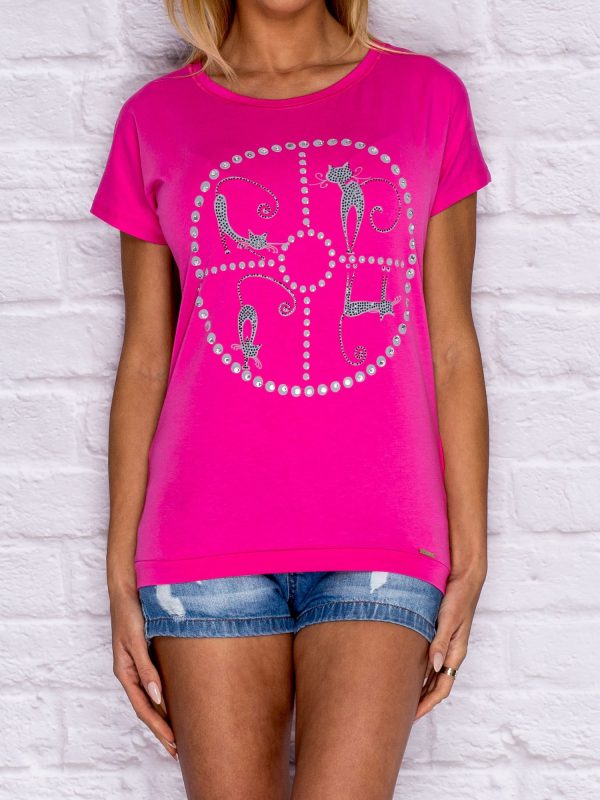 Wholesale Dark pink t-shirt with cat motif