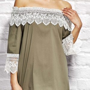 Wholesale Khaki blouse with Spanish neckline and lace