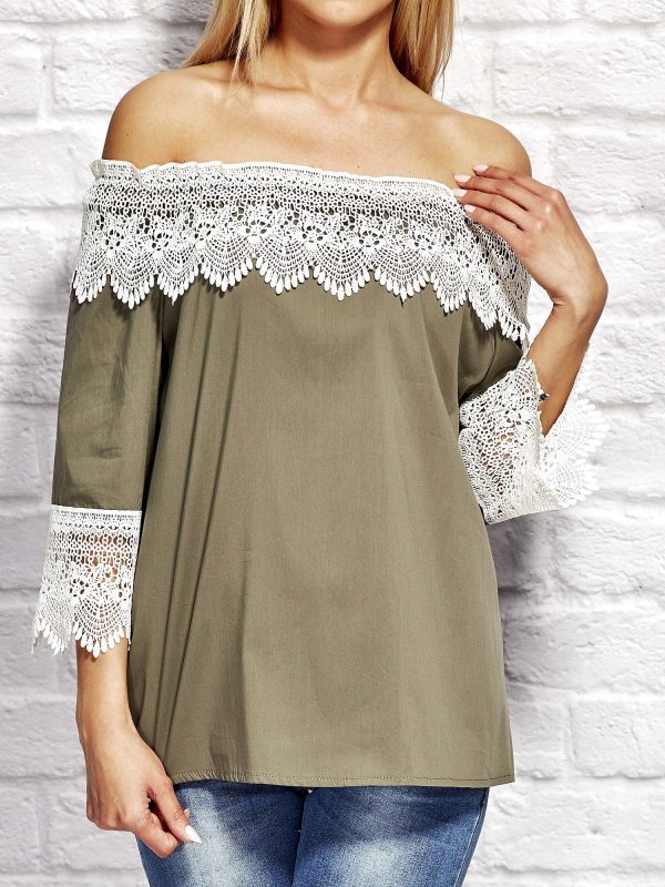 Wholesale Khaki blouse with Spanish neckline and lace