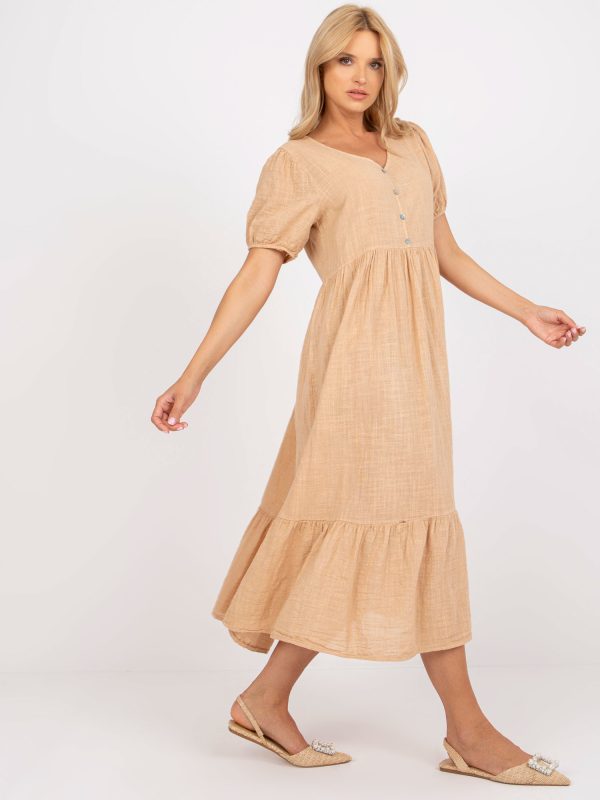 Wholesale Camel Long Cotton Ruffle Dress Eseld OCH BELLA