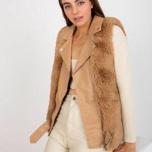 Wholesale Camel Beige Women's Eco Leather Vest with Fur