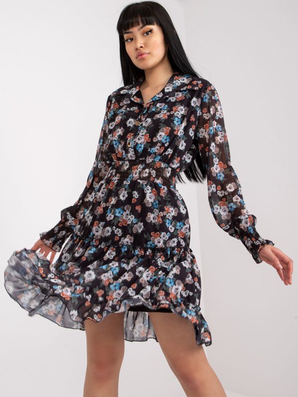 Wholesale Women's Black Mini Dress with Floral Print and Ruffle