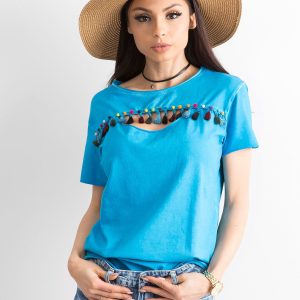 Wholesale Women's T-shirt with colorful pompoms blue