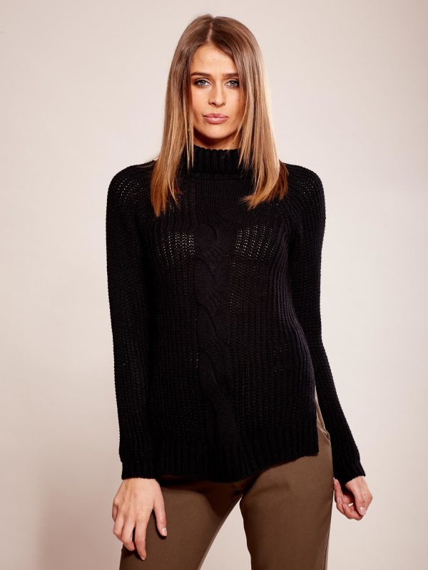 Wholesale Black sweater in braid with turtleneck