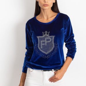 Wholesale Blue velvet sweatshirt with coat of arms from rhinestones