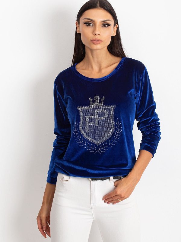 Wholesale Blue velvet sweatshirt with coat of arms from rhinestones