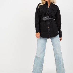 Wholesale Black women's denim shirt with belt and sachet