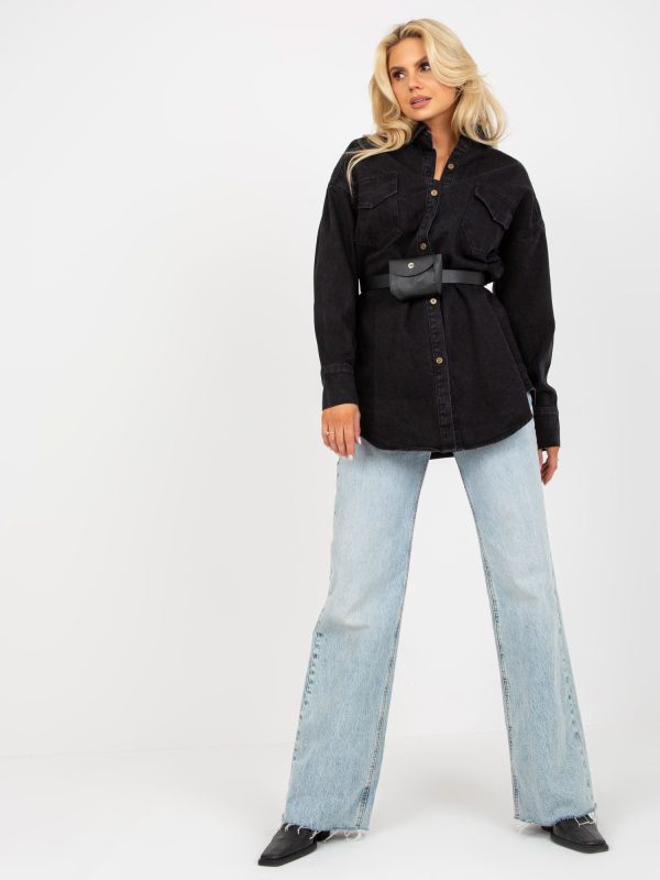 Wholesale Black women's denim shirt with belt and sachet