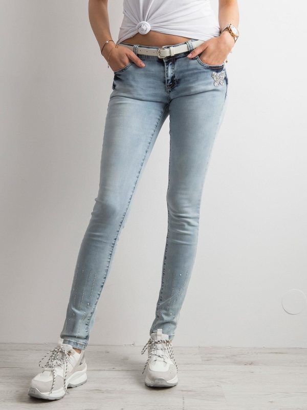 Wholesale Light blue hipsters jeans with rhinestones