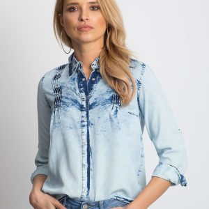 Wholesale Blue denim shirt with roll-up sleeves