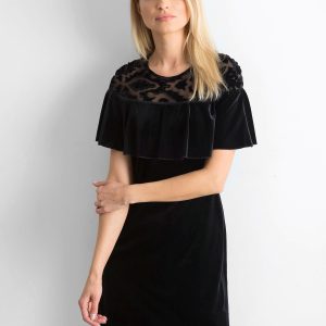 Wholesale Black velour dress with flounce