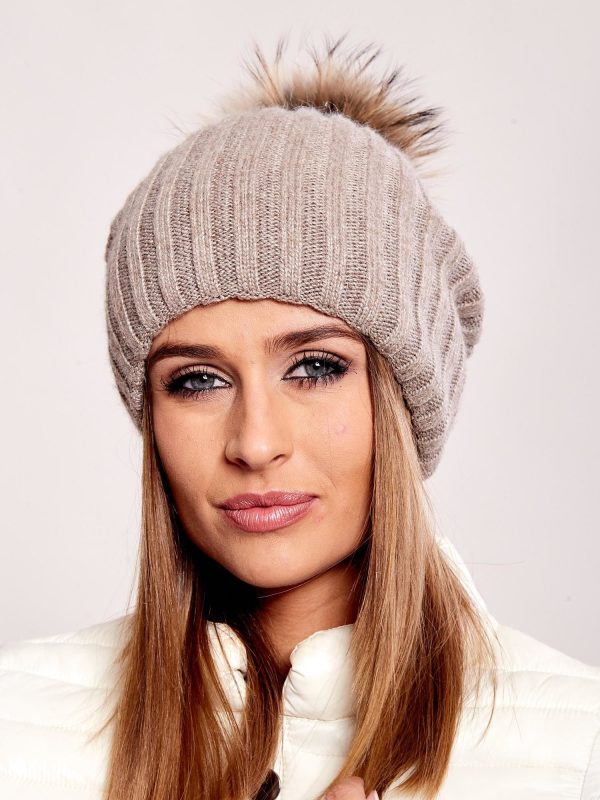 Wholesale Beige ribbed hat with fur