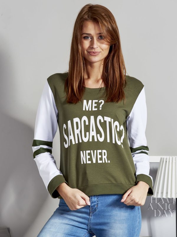 Wholesale Women's sweatshirt with the words ME? SARCASTIC? NEVER khaki