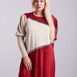 Wholesale Burgundy and beige plus size knitted dress