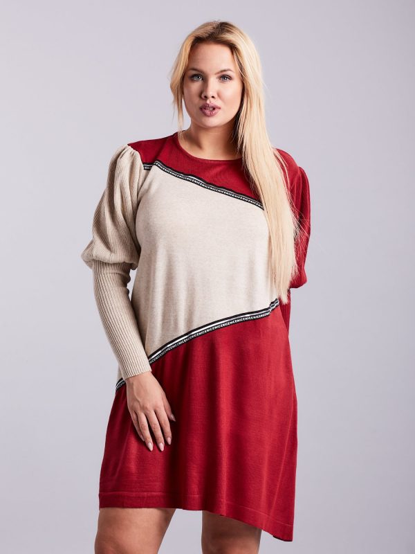 Wholesale Burgundy and beige plus size knitted dress