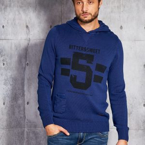 Wholesale Men's cobalt sweater with hood and lettering