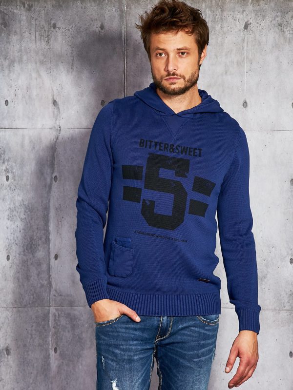 Wholesale Men's cobalt sweater with hood and lettering